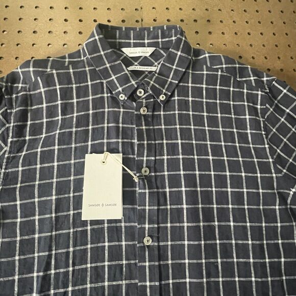 NWT Samsoe Samsoe Liam Button Down Shirt Mens Large Navy Plaid LS Linen Blend - Picture 3 of 10